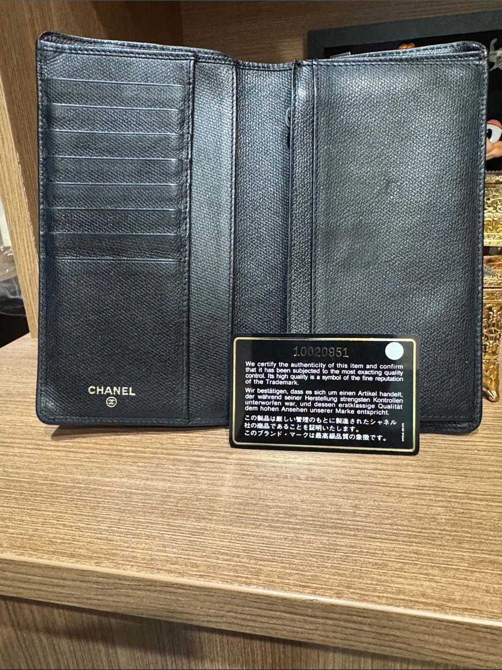 CHANEL Black Leather Long Wallet with Gold Logo